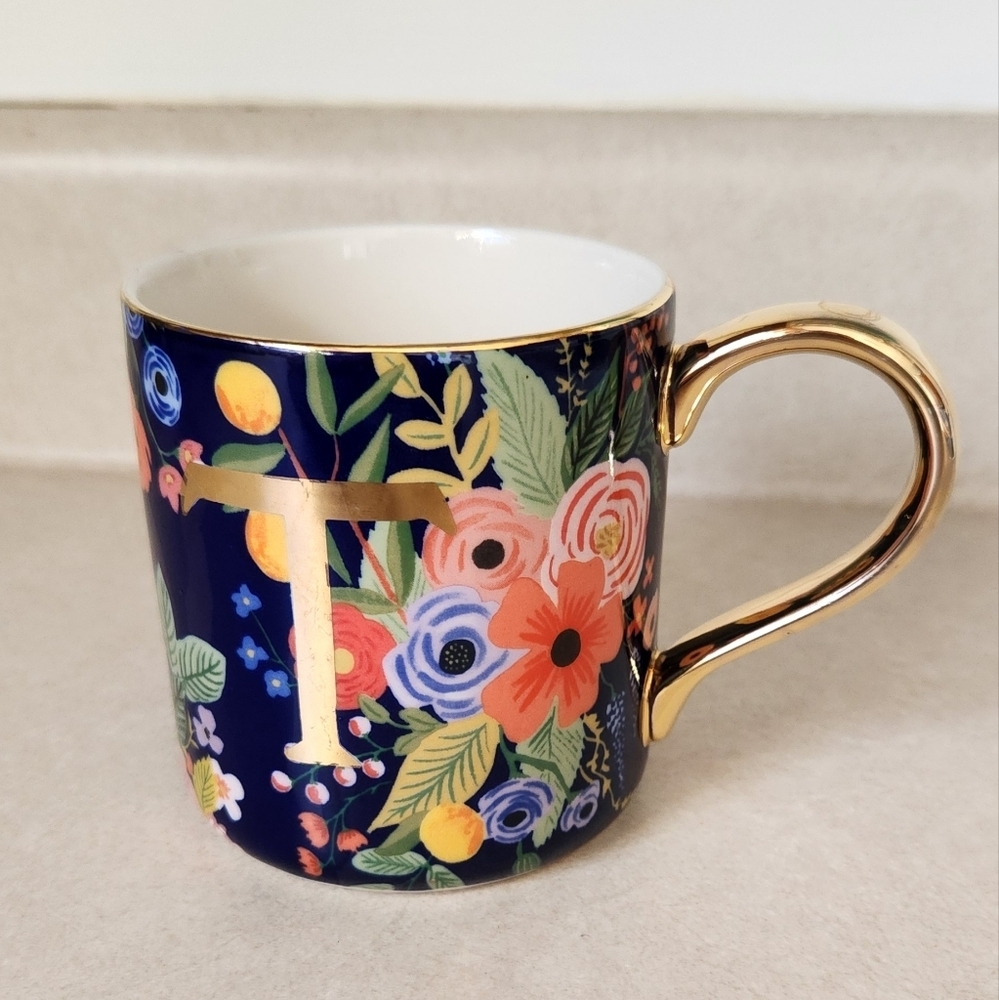 Anthropologie × Rifle Paper Company Blue Floral Gold Monogram T Mug
